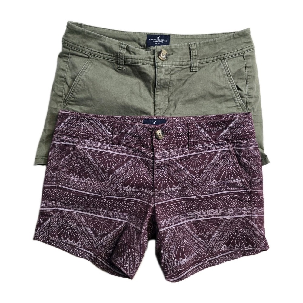 American Eagle Women's Stretch Midi Shorts 4 Green Red Lot Of 2